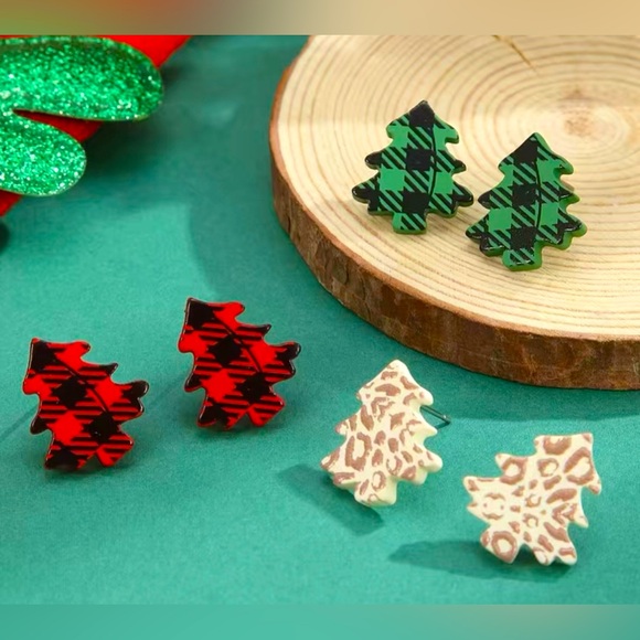 Jewelry - 3 Pairs of Christmas Tree Stud Earrings Acrylic Green Black Plaid Buffalo